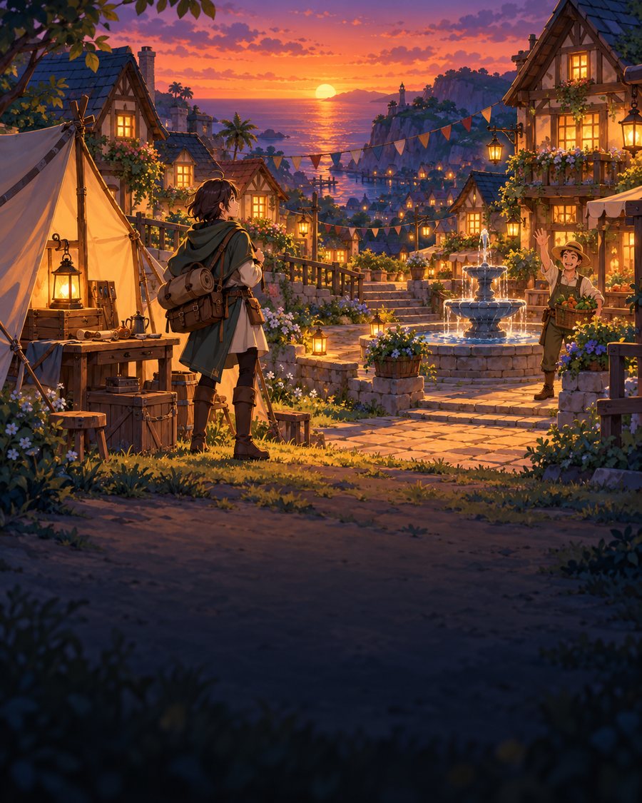 A newcomer with a pack stands by a tent and workbench at sunset while a farmer in a straw hat waves from the village fountain