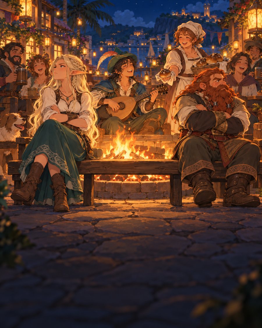 An elf and a dwarf sit at opposite ends of a bench by a fire with arms crossed while a bard plays a lute and a baker hands out bread
