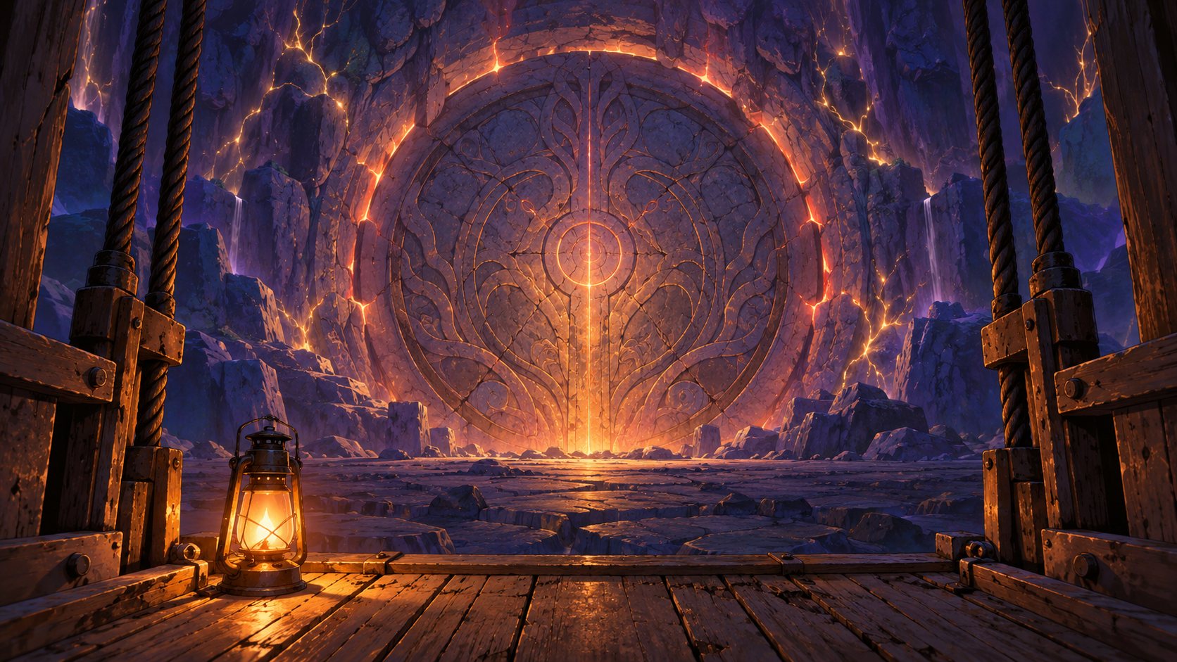 From the floor of the lift, a great round carved stone door glows red-gold through its cracks at the bottom of the mine
