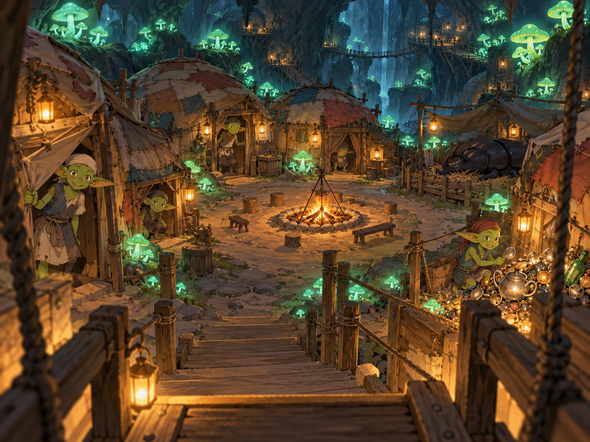 A goblin village of patched huts around a fire pit in a cave lit by glowing green mushrooms, seen from the lift landing